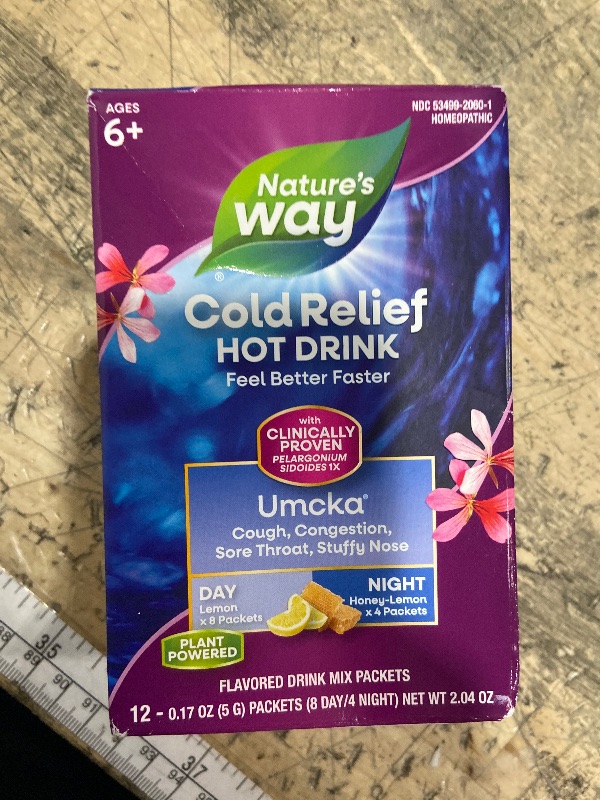 Photo 1 of  EXP 10/2026
Nature's Way Cold Relief Hot Drink, Umcka, Homeopathic, Clinically Proven Pelargonium Sidoides 1X, for Cough, Congestion, Sore Throat, Stuffy Nose, Day & Night Formula, 12 Packets (Packaging May Vary)