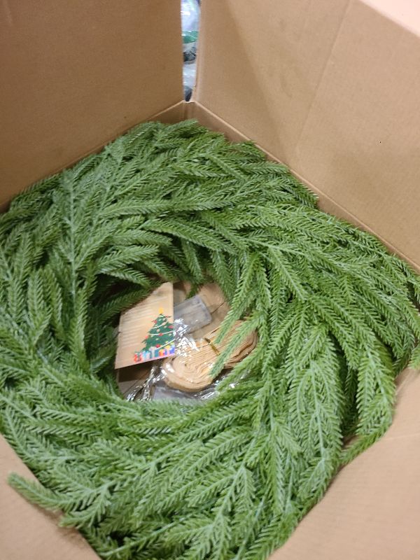 Photo 1 of 24 Inch Real Touch 2 Pcs Norfolk Pine Wreath Christmas Decorations for Front Door, Artificial Plants Green Christmas Wreath with Lights Home Decor, Xmas Decor for Mantel Wall Holiday Winter Decor