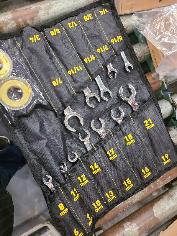 Photo 1 of 14-Piece Flare Nut Wrench Set with PTFE Tape, Metric & SAE 1/4"-7/8"& 6-21mm, Brake Line Wrench Set Double Open End with Organizer Pouch for Repairing and Removing Nuts