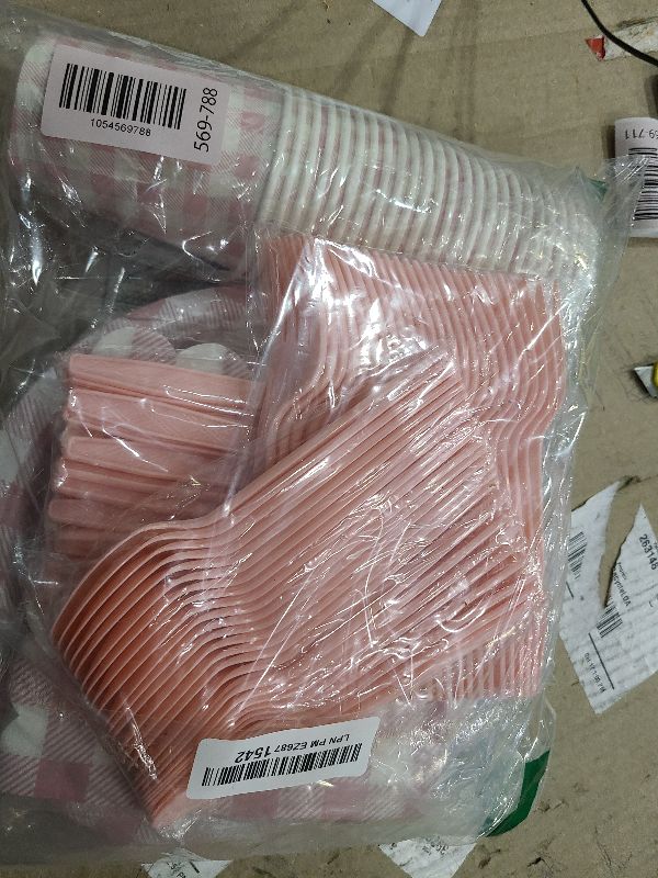 Photo 1 of 175Pcs Pink Gingham Party Supplies Pink Gingham Paper Plates and Napkins Cups Checkered Plates Disposable LightPink and White Plaid Party Decor for Birthday Family Fall Picnic BBQ,Serves 25 Guests