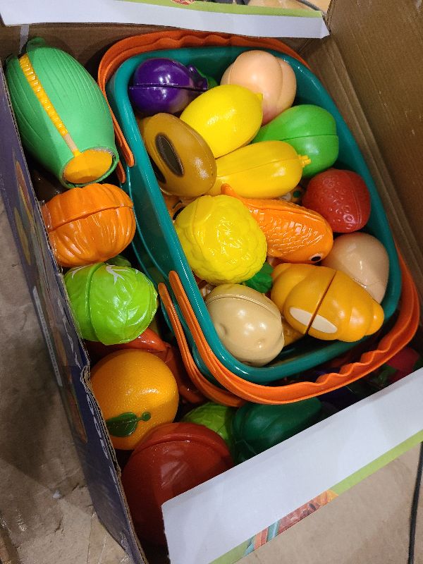 Photo 1 of 100 PCS Cutting Play Food Toy for Kids Kitchen, Pretend Food Toys for Toddlers, Play Kitchen Toys Accessories with 2 Baskets, Fake Food/Fruit/Vegetable, Birthday Gifts for 3 4 5 Years Old Boys Girls
