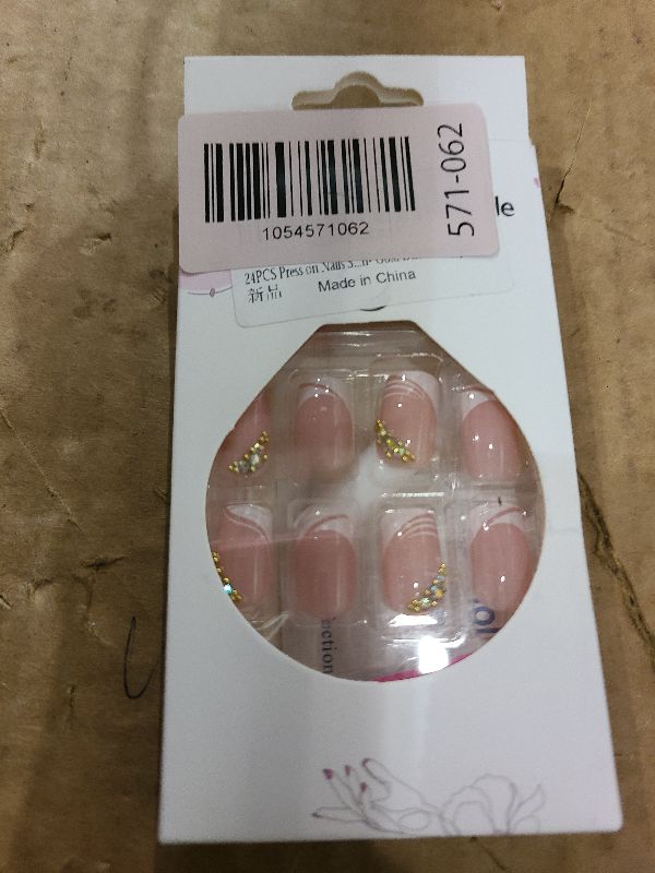 Photo 1 of 24 Pcs Acrylic Press on Nails, ASONRL Short Medium Square French White Edge Pink Fake Nails with Gold Rhinestones, Glue on Nails Reusable False Nails for Women, French- Gold Diamond Square