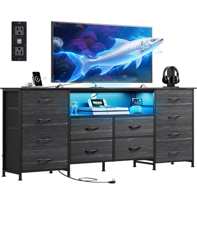 Photo 1 of 12 Drawer Dresser for Bedroom, Black Dresser TV Stand for 65, 70, 75 inch TV with Led Light & Charging Station, Wide Chest of Drawers with Open Shelves, Fabric Dressers for Closet, Living Room