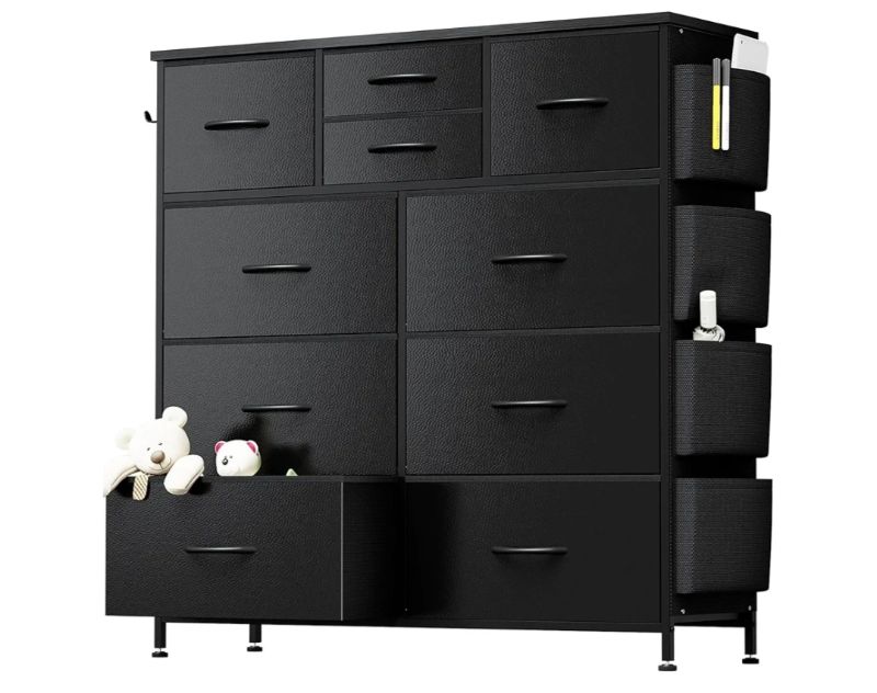Photo 1 of 10 Drawer Dresser, Chest of Drawers for Bedroom, PU Dresser with Side Pockets, Hooks, Wooden Top and Sturdy Metal Frame for Living Room, Closet, Hallway (Black)