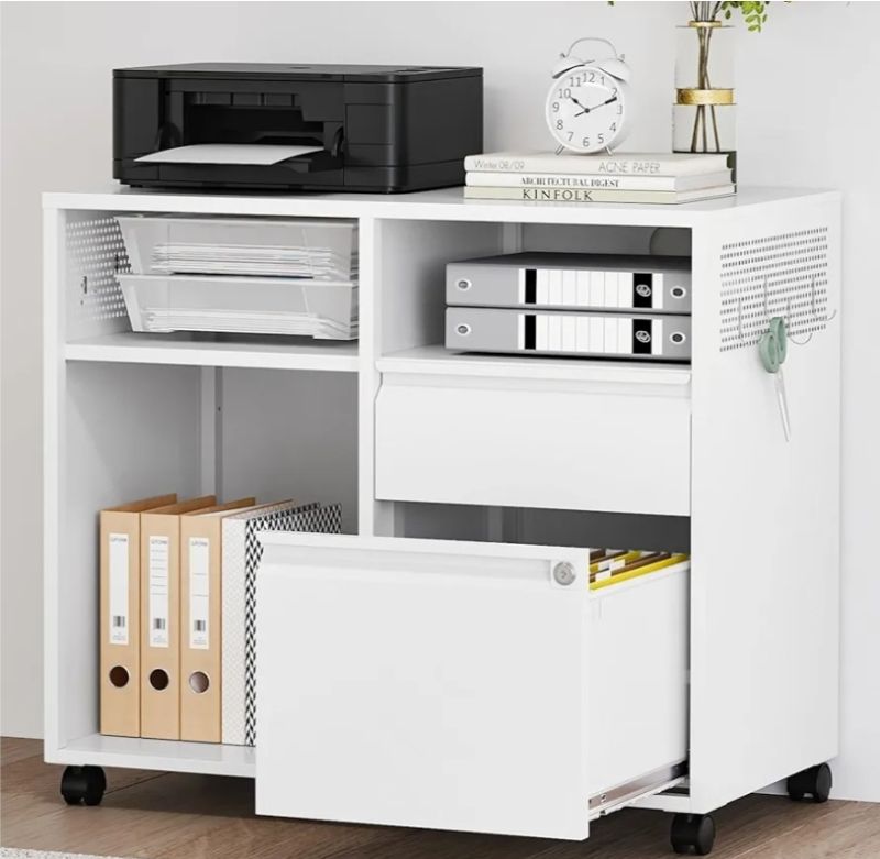 Photo 1 of  2 Right Drawers File Cabinet with Lock, Mobile Lateral Filing Cabinet for Legal/Letter A4 Size, Metal File Organizer Storage Cabinet with Open Storage Shelves for Home Office (White)