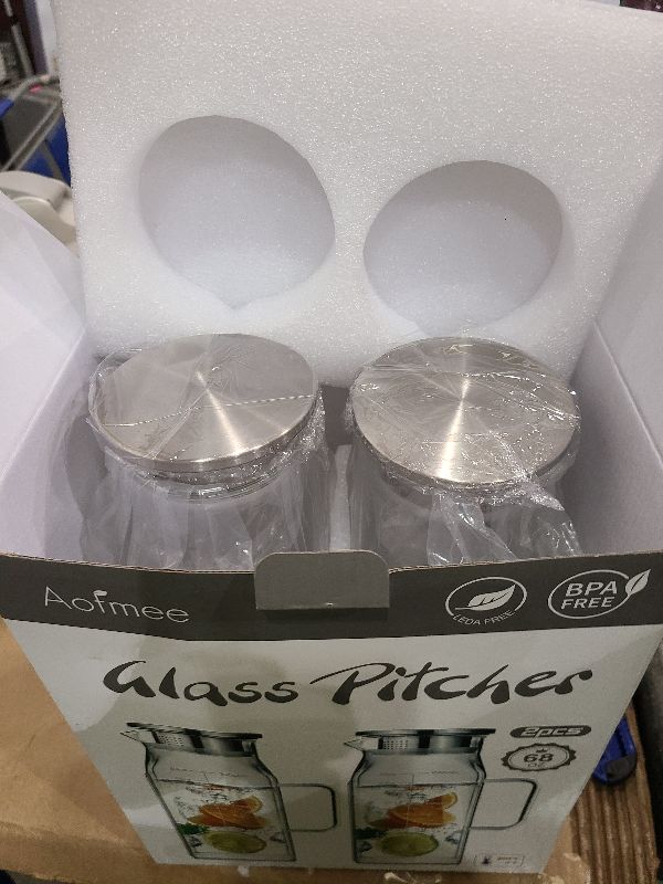 Photo 1 of 2 Liters/68oz 2 Pack Square Glass Pitcher with Lid and Handle for Fridge Door, Aofmee Borosilicate Glass Heat Resistant Dishwasher Safe Iced Tea Jar, Carafe with Scale Line for Hot/Cold Beverage