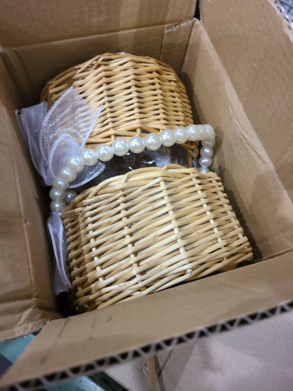 Photo 1 of 2 Set Wicker Flower Girl Basket & Headpiece, Willow Handwoven Basket with Pearl Handle and Bow Fairy Flower Basket,Wedding Flower Girl Hair Accessory Pearl Headband for Women