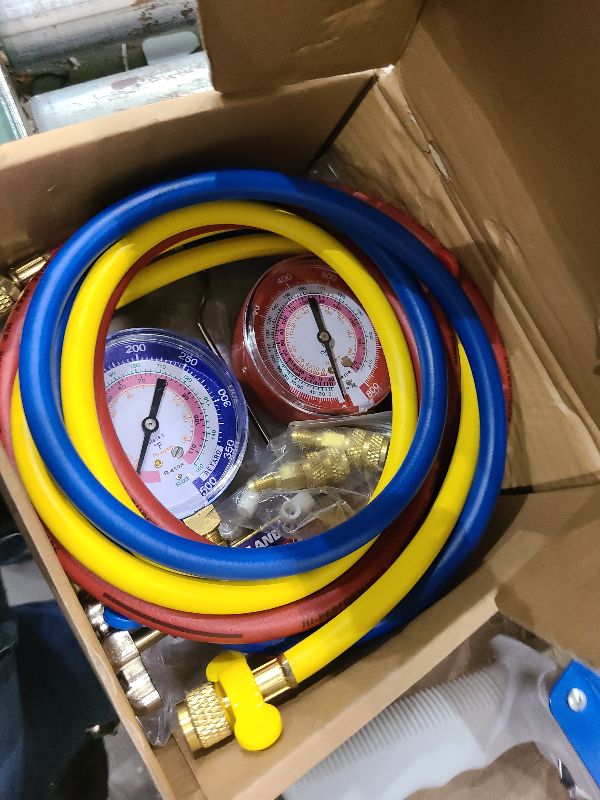 Photo 1 of 2025 Upgrade 42004 Test and Charging Manifold with 3-1/8" (80 mm) Gauges, for R-22/404A/410A, 1/4" Standard Flare Fitting, HVAC Color-Coded Gauges with 60" Hoses, 2-Valve, HVAC Manifold Set