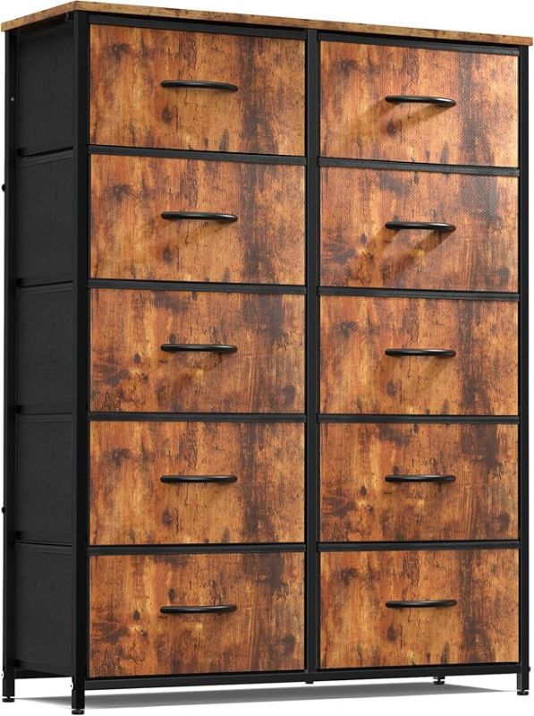 Photo 1 of **MSRP 64.96** Dresser for Bedroom, Fabric Dresser with 12 Drawers, Tall Double Dresser, Chest of Drawers for Closet, Living Room, Sturdy Steel Frame, Wooden Top, Easy Pull Handle, Rustic Brown