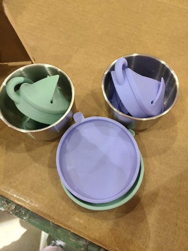 Photo 1 of 2 Pack Snack Cups for Toddlers Spill Proof - Detachable Stainless Steel Toddler Snack Cups with Silicone Lids & Handles - Dishwasher Safe Baby Snack Containers for Mess-Free Snacking (Blue and Green)