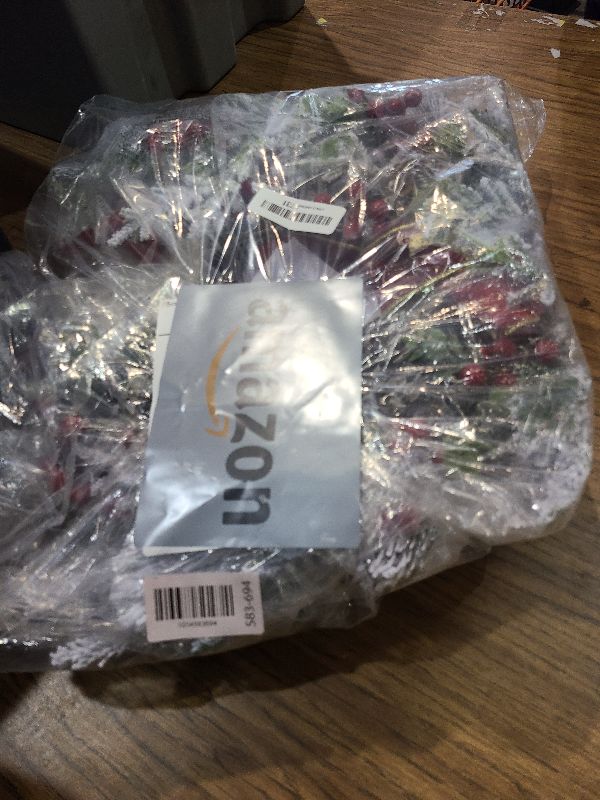 Photo 1 of 22'' Lighted Christmas Wreath with Timer, Cardinal & Birdhouse, Snow Flocked Pine Branches & Pinecones, Red Berries, Velvet Bow, LED Warm Lights with Steady/Flash Modes, Holiday Front Door Decor