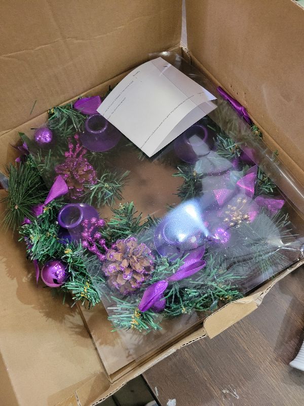 Photo 1 of [Safety Fire Retardant] Christmas Purple Advent Wreath Decor 4 Advent Candle Holder with 4 Pinecorn 4 Ribbon 2 Poinsettia 4 Ball 4 Berry Christmas Centerpiece Table Decorations Home Indoor(No Candles)