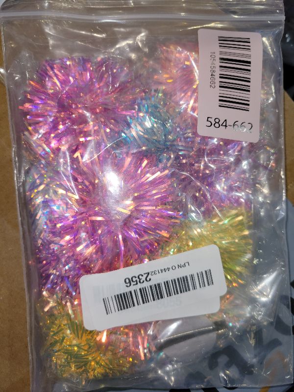 Photo 1 of 12 Pcs Foil Strips Pom Pom Hair Clips Tinsel Fluffy Ball Elastic Ponytail Holders Shiny Cute Scrunchies Pompom Cosplay Fashion Hair Accessories for Women Girls Birthday Halloween Christmas Party