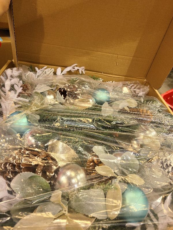 Photo 1 of 26 Inch Christmas Wreath for Front Door – Winter Pine and Pinecone Wreath with Blue & Silver Ornaments, Frosted Greenery and Golden Leaves – Xmas Holiday Decoration for Home, Fireplace & Porch