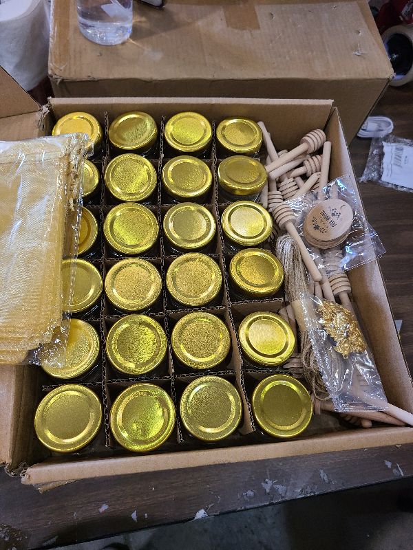 Photo 1 of 1.5oz 24 Pack Mini Glass Hexagon Canning Jars with Gold Lid, Bee Charms Pendant, Honey Dipper Sticks, Gold Gift Bags, Thank You Gift Tags, Jute Tag String, Baby Shower, Wedding Favors (24-golden)