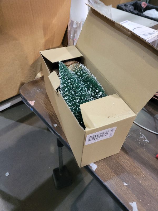 Photo 1 of 4 PCS Mini Christmas Trees, Artificial Bottle Brush Trees with 2 Modes Timer LED String Lights, Button Cell Battery Powered Desktop Small Pine Trees with Wooden Base for Home Xmas Decor (Warm White)