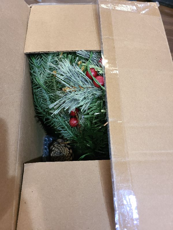 Photo 1 of 1 Pcs 30 Inch Christmas Tree Green Outdoor Planter Pots Filler Prelit Xmas Pine Trees with Cones and Red Berries 50 Warm White LED with 8 Light Modes and Timer for Yard