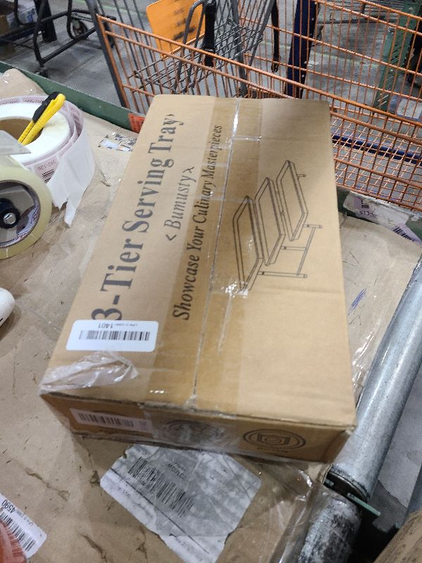 Photo 1 of 3-Tier Melamine Serving Tray Set, 14"x7" Platters for Serving Food, White Reusable Trays with Black Metal Display Stand for Cupcakes, Sevring Food, Dessert, Fruit, Cookie, Black