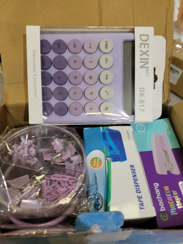 Photo 1 of 23pc Purple Desk Accessories and Organizers with Mesh Organizer Stapler Tape Dispenser Calculator and a Lot of Office Purple Office Supplies Beautifully Presented in a Gift Box