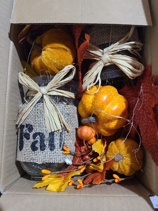 Photo 1 of 2 Pack & Timer Thanksgiving Decorations 13.5 Inch Fall Table Centerpieces Mason Jar with 20 LED Lights Maples Leaves Pumpkins Berried Thanksgiving Centerpieces for Dinner Table Home Kitchen Office