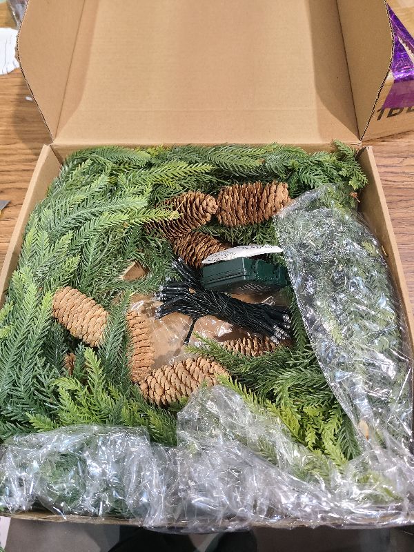 Photo 1 of 24 Inch Large Christmas Wreath with 50 LEDs Lights Timer 8 Modes, Thick & Soft Norfolk Pine Cypress Tips Pinecone Real Feel Artificial Wreath for Front Door Window Mantel Wall Xmas Home Décor