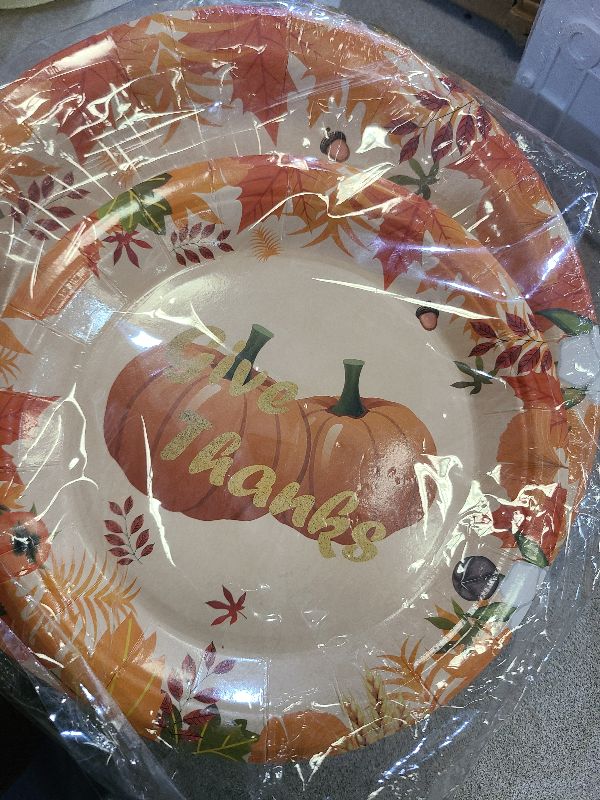 Photo 1 of 192 PCS Thanksgiving Party Supplies Disposable Plates, 24 Paper Plates,Cups,Straws,Napkins,Knives,Forks and Spoons Dinnerware Sets for 24 Guests with Safe Food Oil Printed Maple Leaves Pumpkin Design