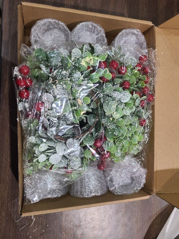 Photo 1 of 12 Pieces Christmas Candle Rings Garland 3.15 Inch Center Pillar Candle Rings Wreaths Red Berry Garland Holders Mini Ring for Wedding Party Living Room Dining Table Decoration