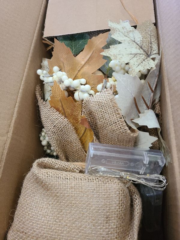 Photo 1 of 2 Styles & Timer Thanksgiving Table Decorations- 2 Pack 11 Inch Tabletop Maple Tree Thanksgiving Decor, Lighted Fall Tree with 20 LEDs Battery Powered Leafed Pumpkin Cones Berry Fall Decor for Home