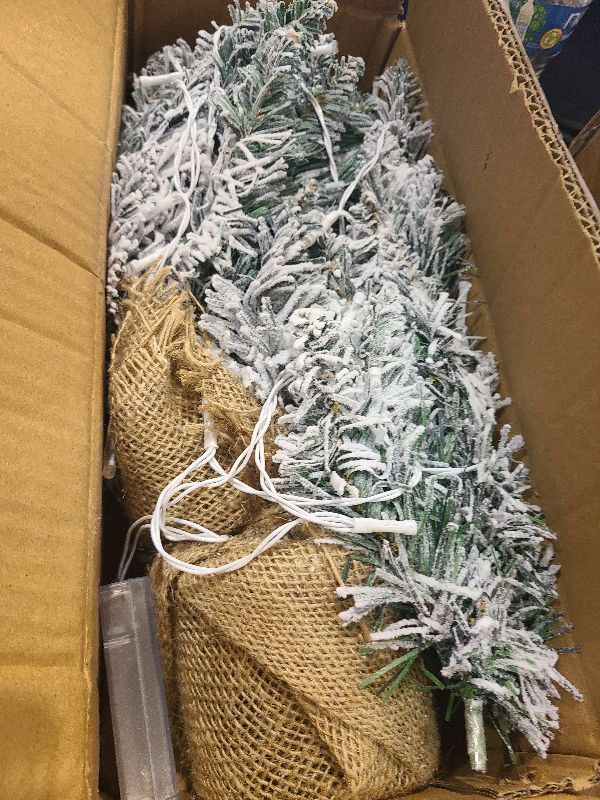 Photo 1 of 2ft Pre- Artificial Mini Christmas Tree,24 Inch Snowy Flocked Small Tabletop Christmas Tree with LED Light,White Xmas Pine Tree for Home Desk Indoor Decor, Perfect with Burlap Base