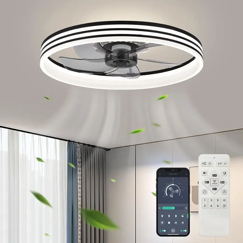 Photo 1 of 20‘’ Ceiling Fans with Lights, Low Profile Ceiling Fan with Light, Flush Mount Ceiling Fan with Light, 6 Speeds, Dimmable, App/Remote Control, Quiet Fan with Light for Bedroom, F118 Black
