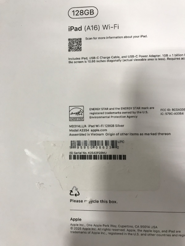 Photo 1 of does not turn on **_______________Apple iPad 11-inch: A16 chip, 11-inch Model, Liquid Retina Display, 128GB, Wi-Fi 6, 12MP Front/12MP Back Camera, Touch ID, All-Day Battery Life — Silver