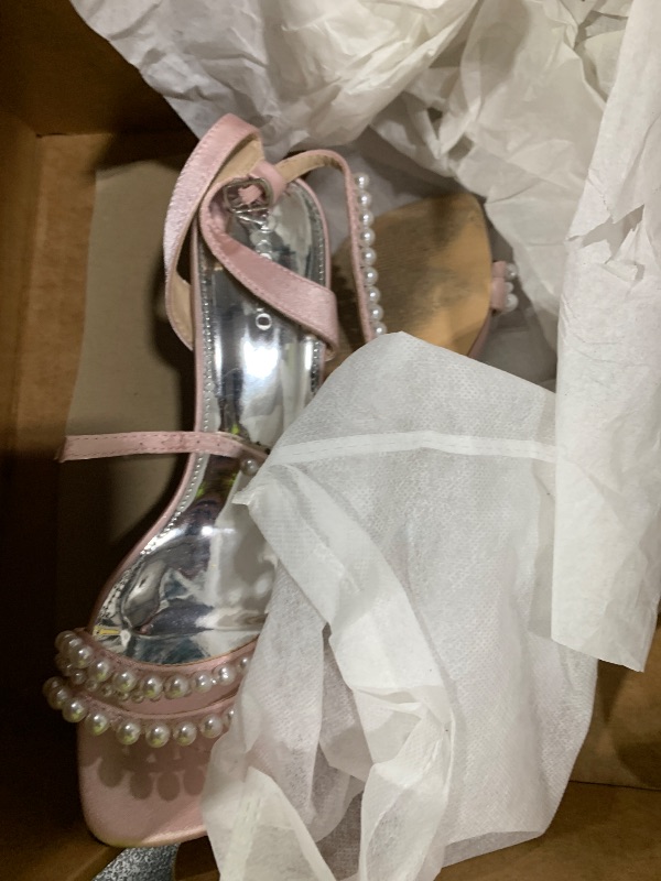 Photo 1 of Coutgo Womens Pearl Kitten Heels Sandals Square Open Toe Dress Sandals Ankle Strap Satin Wedding Party Summer Sandals, Pink, size 9