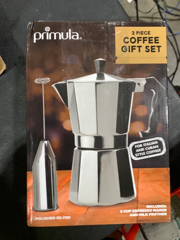 Photo 1 of Primula Stovetop Espresso Maker and Handheld Electric Milk Frother Gift Set, Moka Pot for Classic Italian and Cuban Coffee, Cafetera, 6 Espresso Cups, Silver