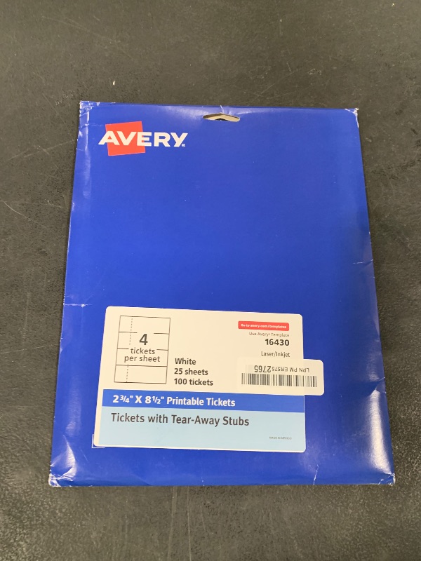 Photo 1 of Avery Printable Tickets, 2.75" x 8.5", Laser/Inkjet, 100 Total, Great for Raffle Tickets (16430)