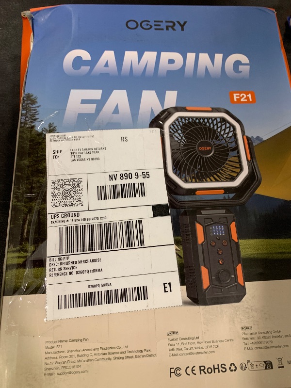 Photo 1 of OGERY F21 Camping Fan with Stand, 20000mAh Rechargeable Battery Powered Standing Fan, LED Lanterns for Power Outages, Strong Wind, Fast Charging for Tent, Travel, Bedroom, Camping Essentials