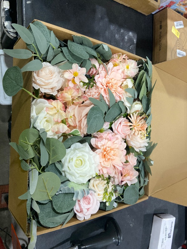 Photo 1 of WEIERYUE Deluxe Pink Artificial Wedding Arch Flowers with Drapes Kit-Pack of 5, 2pcs Flower Arrangements 3pcs Hanging Sheer Drapes Blue Ceremony Arbor Reception Backdrop Rose Floral Decorations.