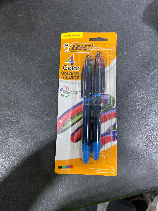 Photo 1 of BIC 4 Color Smooth Retractable Ballpoint Pen, 1.0 mm Point for Smooth Ink Flow, 3-Count Pack in Assorted Ink Colors