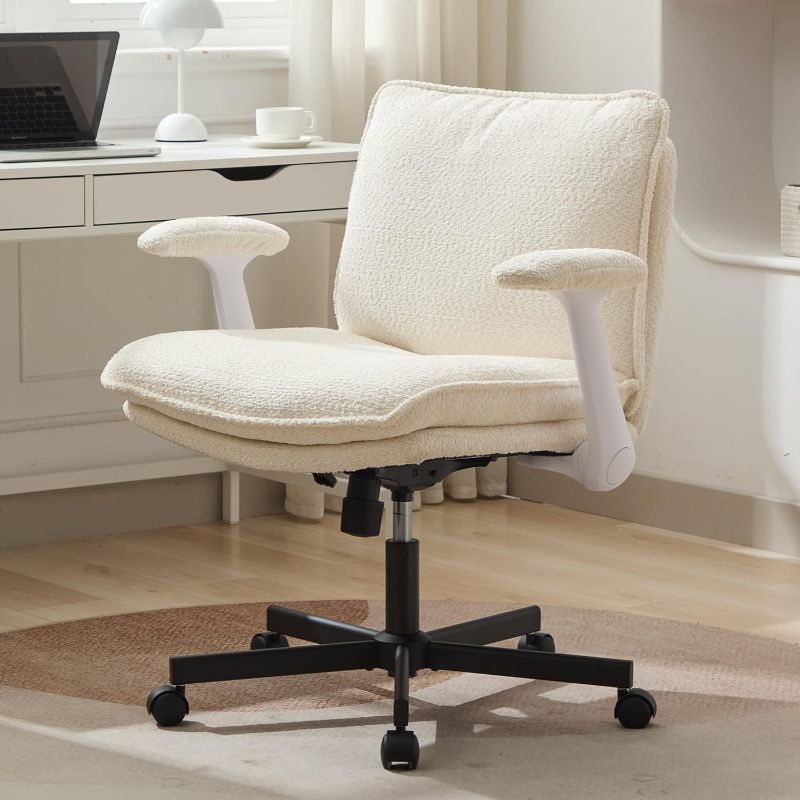Photo 1 of Criss Cross Legged Office Chair with Wheels and Flip-Up Arms, Upholstered Criss Cross Desk Chair, Wide Seat Chairs for Home Office, Vanity, Apartment, Beige