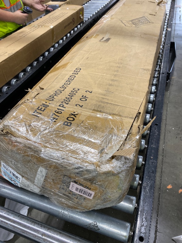 Photo 1 of INCOMPLETE SET ONLY BOX 2 OF 2 !!!  Merax King Size Bed Frame, Contemporary Fabric Upholstered Platform Bed with Two Large & Soft Adjustable Cushions for Bedroom, Solid Wood Slats Support, No Box Spring Needed, Easy Assembly, Dark Blue