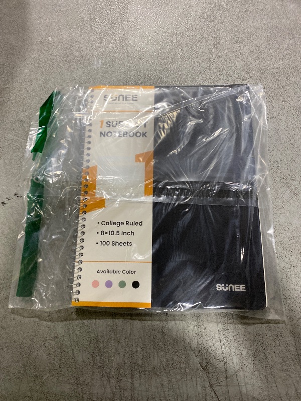 Photo 1 of SUNEE Spiral Notebook, 1-Subject, College Ruled Paper, 8" x 10-1/2", 100 Sheets per Notebook, 3-Hole Punched Paper, Water Resistant Cover, Double-sided Pockets, Spiral Lined Notebooks for Work, Black