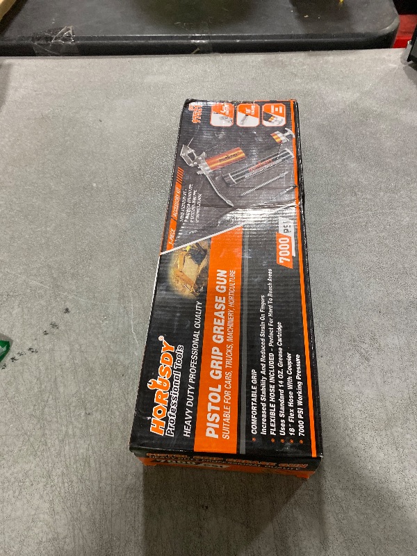 Photo 1 of HORUSDY Heavy Duty Grease Gun with 14oz Grease Tubes | Grease Gun Flexible Hose | 7000 PSI | 18 Inch Spring Flex Hose | 2 Working Coupler | 2 Extension Rigid and 1 Sharp Type Nozzle Included