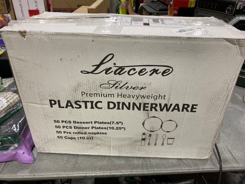 Photo 1 of Liacere 350PCS Silver Plastic Plates&Pre Rolled Napkins for 50 Guests - Plastic Dinnerware Sets 100Silver Disposable Plates, 150Silver Silverware, 50Cups and 50Napkins for Wedding