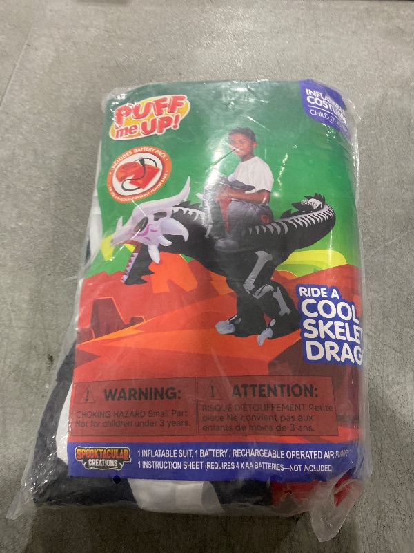 Photo 1 of Spooktacular Creations Halloween Dragon Skeleton Inflatable Costume Kids, LED Light Eyes Skeleton Dinosaur Blow Up Costumes, Ride On Deluxe Set for Halloween Parties(Up to 4ft7'')