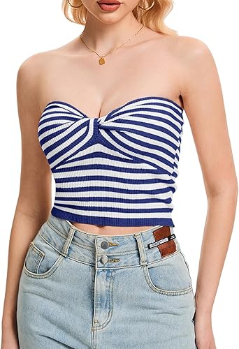 Photo 1 of Womens Tube Tops Twist Knot Summer Strapless Y2K Crop Top Ribbed Knit Vacation Outfits M*