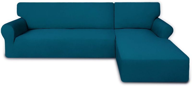 Photo 1 of PureFit Super Stretch Sectional Couch Covers - 2 pcs Spandex Non Slip Sofa Covers with Elastic Bottom for L Shape Sectional Sofa Couch, Great for Kid & Pet (3 Seat Sofa + 3 Seat Chaise, Peacock Blue)
