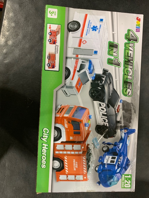 Photo 1 of JOYIN 4 Packs Emergency Vehicle Toy Playsets, Friction Powered Vehicles with Light and Sound, Including Fire Truck, Ambulance, Play Police Car and Helicopter, Christmas Toddler Kids Boys Gifts