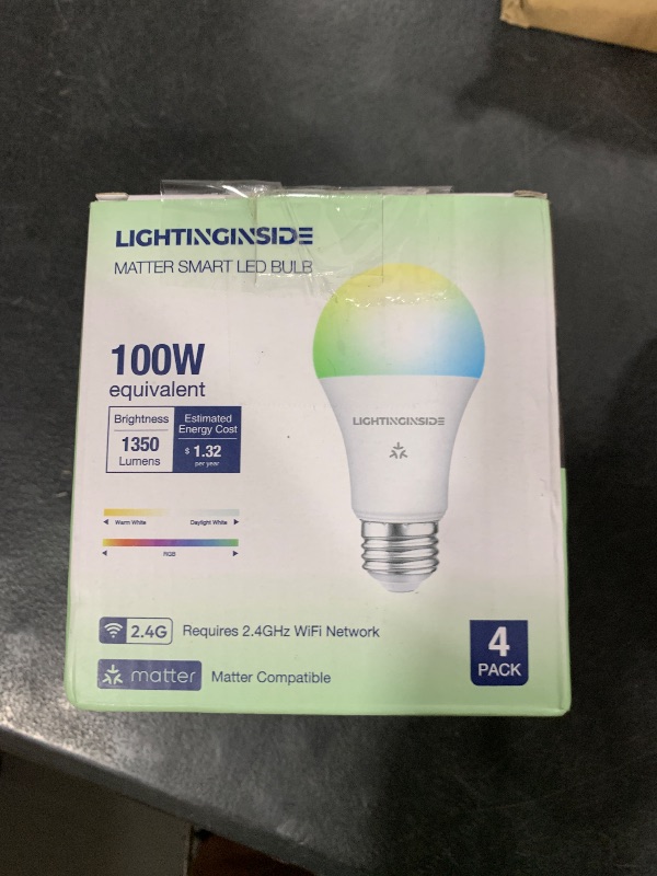 Photo 1 of Lightinginside Matter Smart Light Bulbs 100W Equiv, Compatible with Alexa/Apple Home/Siri/Google Home/SmartThings, A19 E26 WiFi RGBCW Color Changing Light Bulb, 11W 1350LM, 2.4G WiFi, ETL Listed, 4PCS