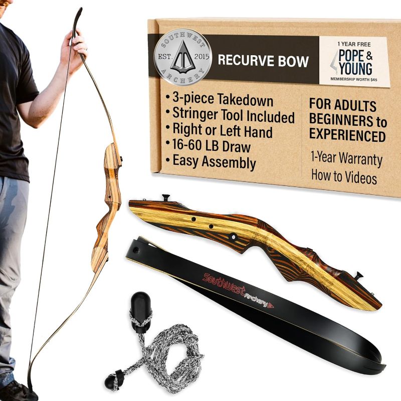 Photo 1 of Southwest Archery Tigershark Takedown Recurve Bow – Standard & PRO Versions – 62" Hunting Bow – Left & Right Handed – Draw Weights in 16lb-60lb – USA Based Company – Includes Stringer Tool