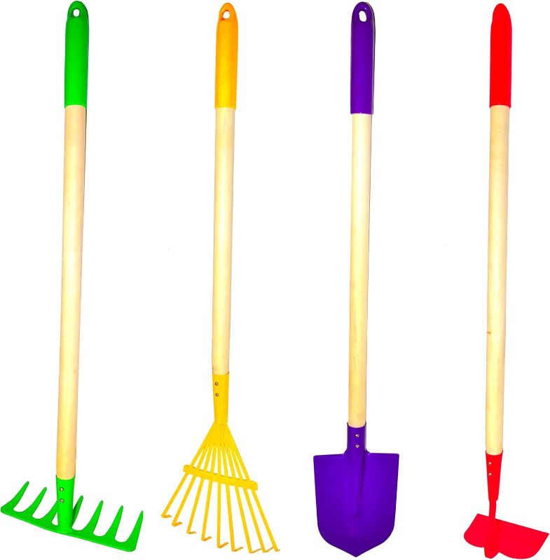 Photo 1 of JustForKids Kids Garden Tool Set Toy, Rake, Spade, Hoe and Leaf Rake, reduced size , made of sturdy steel heads and real wood handle, 4-Piece, Multicolored, 5yr+