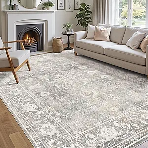 Photo 1 of DEXI Area Rugs for Living Room, 8x10 Washable Low Pile Vintage Traditional Rug for Bedroom, Non Slip Large Indoor Carpet for Dining Office Nursery, Light Grey